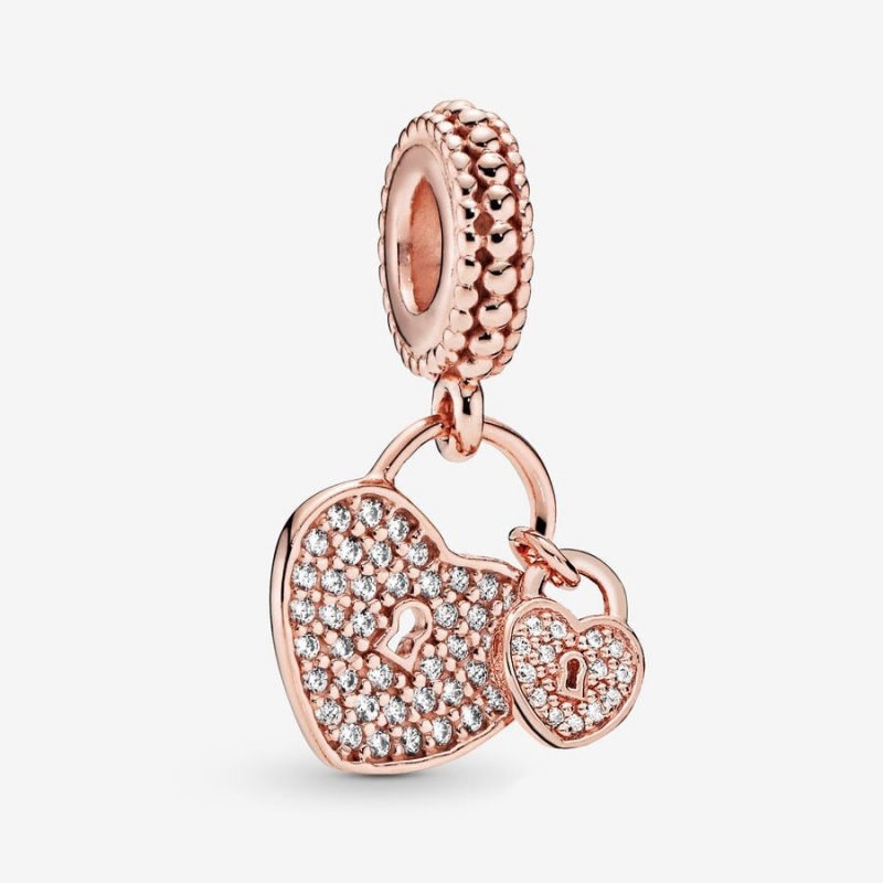 14k Rose gold-plated unique metal blend Pandora Pavé Heart Padlocks Dangle Charm Dangle Charms | 257-LQXTIK