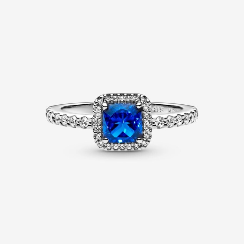 Sterling Silver Pandora Blue Square Sparkle Halo Ring Heart & Promise Rings | 306-ODLBGJ