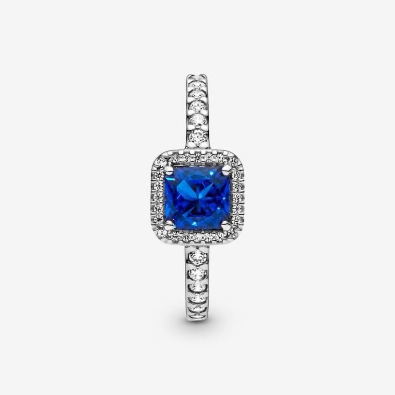 Sterling Silver Pandora Blue Square Sparkle Halo Ring Heart & Promise Rings | 306-ODLBGJ