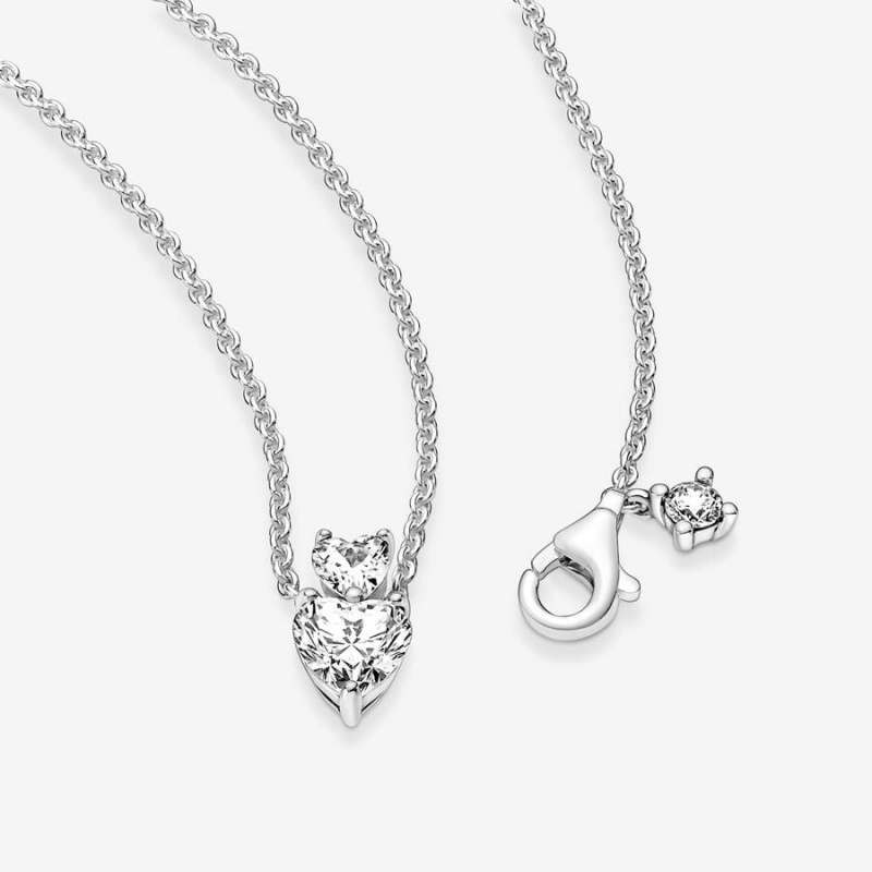 Sterling Silver Pandora Double Heart Pendant Sparkling Collier Necklace Pendant Necklaces | 693-IJTHGF