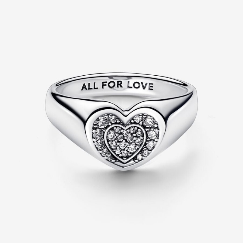 Sterling Silver Pandora Radiant Heart Pavé Signet Ring Statement Rings | 174-QCZTUN