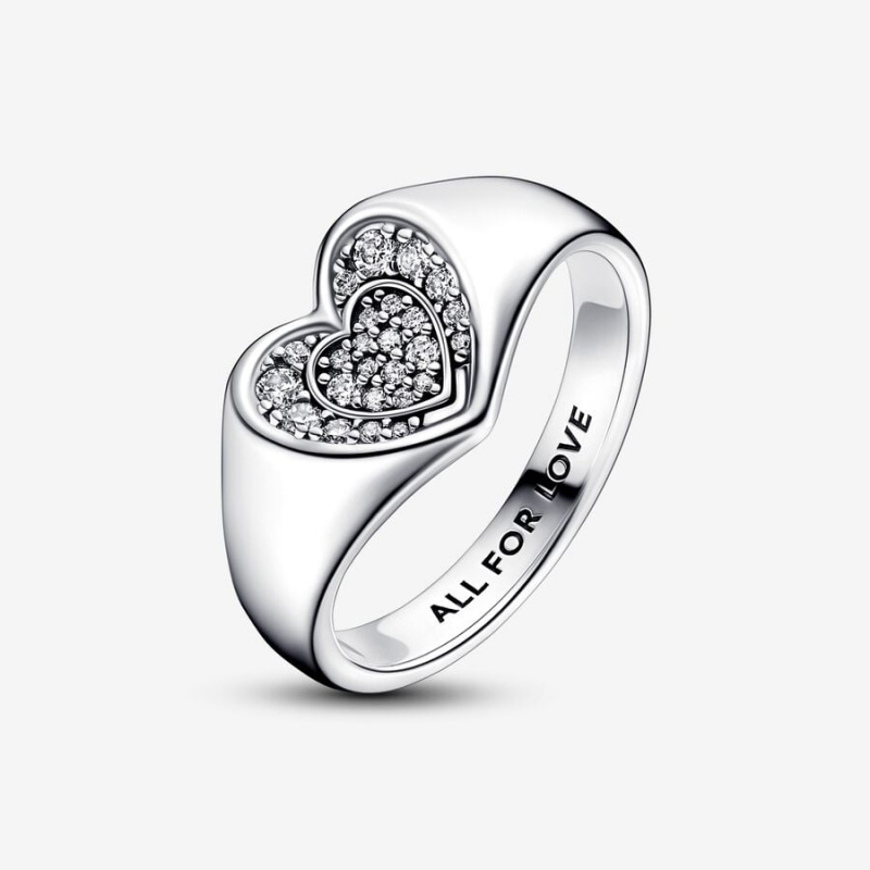 Sterling Silver Pandora Radiant Heart Pavé Signet Ring Statement Rings | 174-QCZTUN