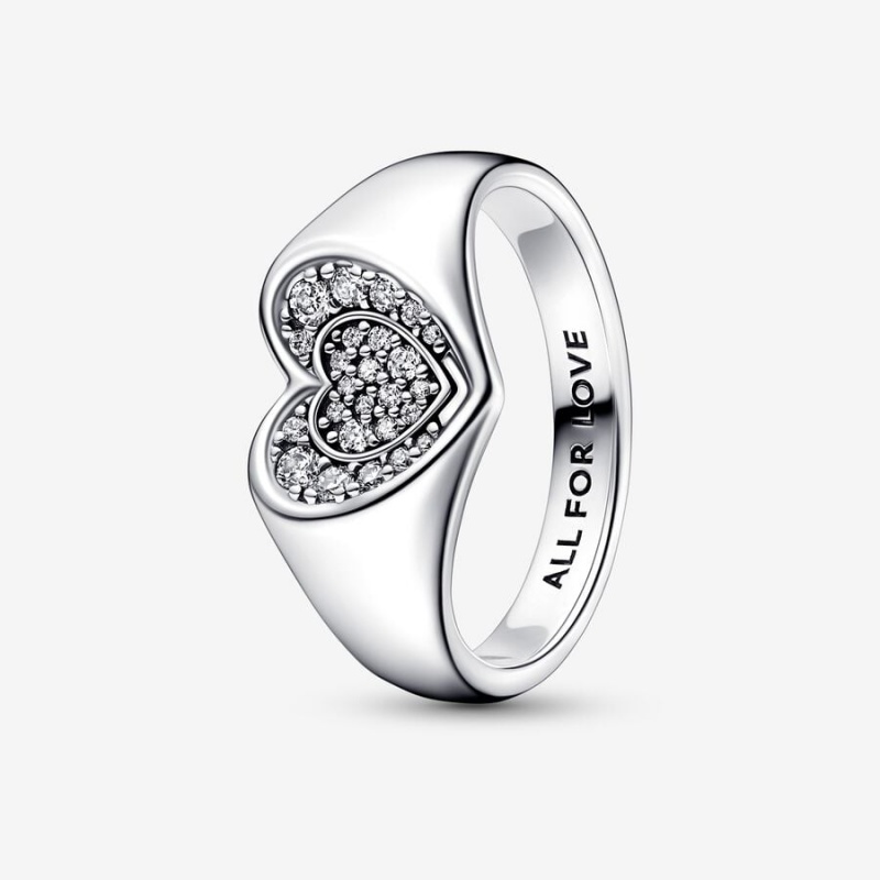 Sterling Silver Pandora Radiant Heart Pavé Signet Ring Statement Rings | 174-QCZTUN