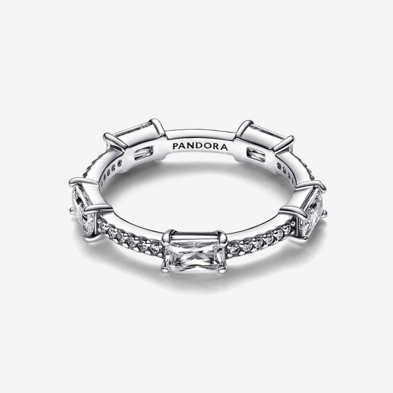 Sterling Silver Pandora Rectangular Bars Sparkling Pavé Ring Stackable Rings | 635-BMJVRS