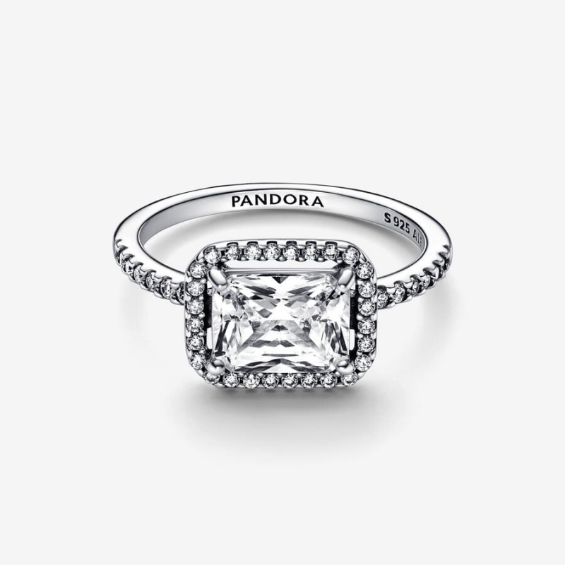 Sterling Silver Pandora Rectangular Sparkling Halo Ring Statement Rings | 562-LPZWRO