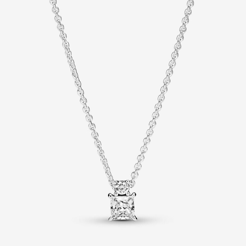 Sterling Silver Pandora Sparkling Collier Round & Square Pendant Necklace Pendant Necklaces | 256-WBFGCX