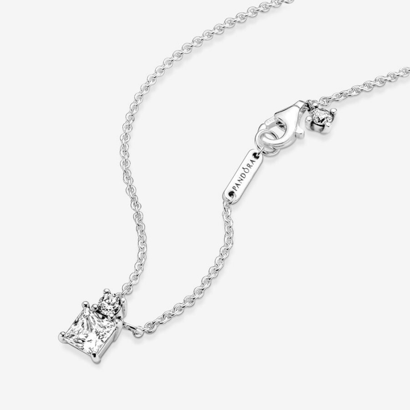 Sterling Silver Pandora Sparkling Collier Round & Square Pendant Necklace Pendant Necklaces | 256-WBFGCX