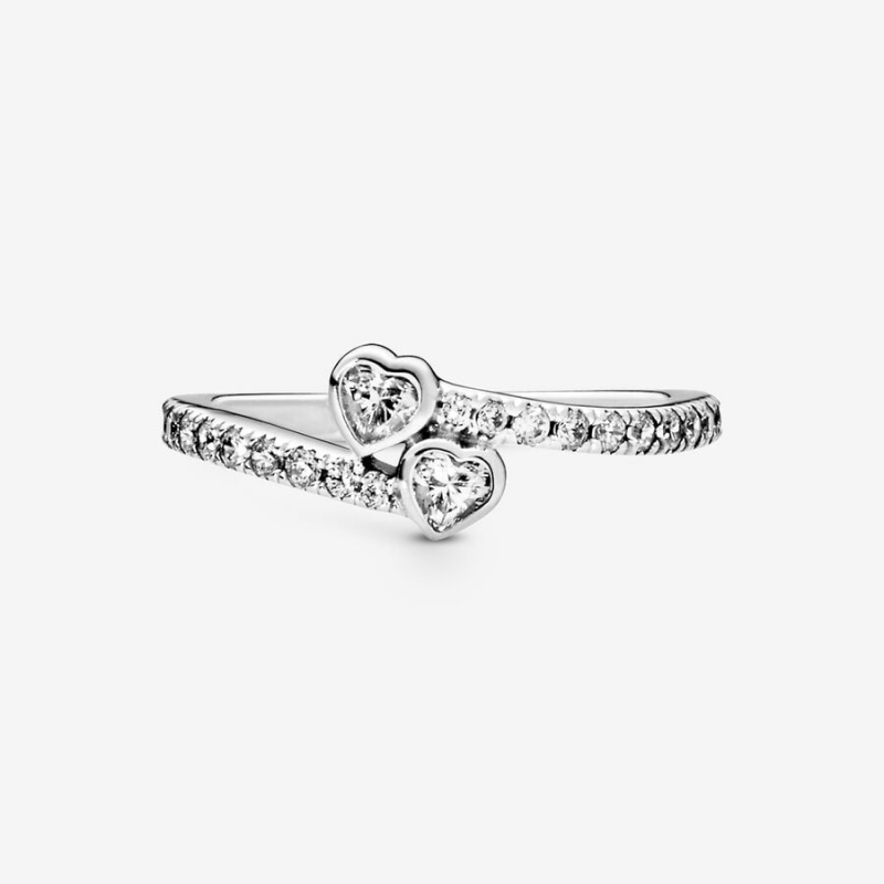 Sterling Silver Pandora Two Sparkling Hearts Ring Heart & Promise Rings | 420-VAMLDJ