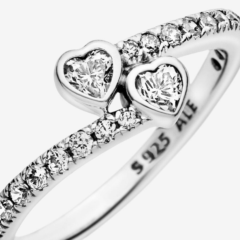 Sterling Silver Pandora Two Sparkling Hearts Ring Heart & Promise Rings | 420-VAMLDJ