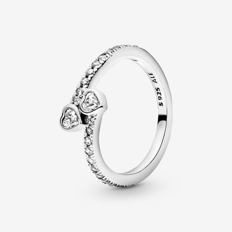 Sterling Silver Pandora Two Sparkling Hearts Ring Heart & Promise Rings | 420-VAMLDJ