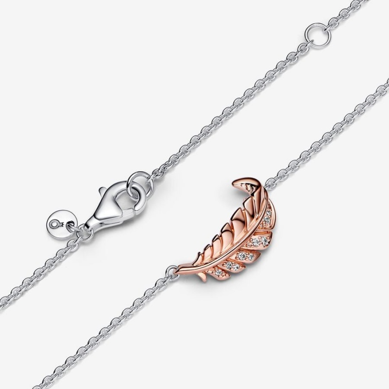 Sterling silver and 14k Rose gold Pandora Two-Tone Floating Curved Feather Collier Necklace Pendant Necklaces | 054-BMQFSC