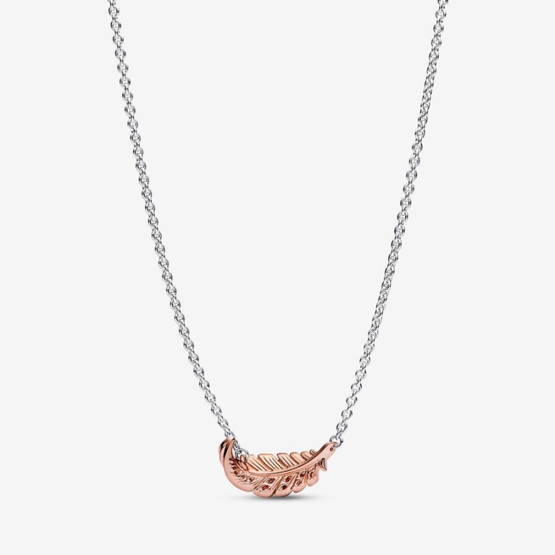 Sterling silver and 14k Rose gold Pandora Two-Tone Floating Curved Feather Collier Necklace Pendant Necklaces | 054-BMQFSC