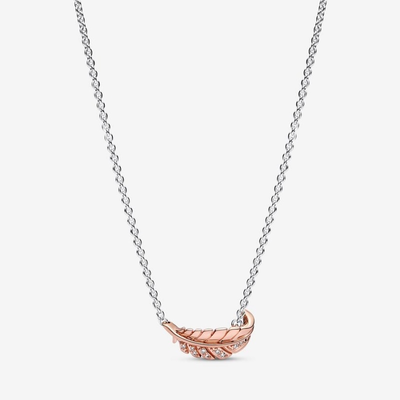 Sterling silver and 14k Rose gold Pandora Two-Tone Floating Curved Feather Collier Necklace Pendant Necklaces | 054-BMQFSC