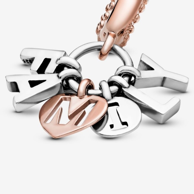 Sterling silver and 14k Rose gold-plated unique metal blend Pandora Family Letters Dangle Charm Dangle Charms | 602-RXFLSN