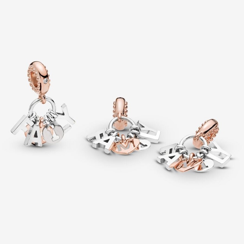 Sterling silver and 14k Rose gold-plated unique metal blend Pandora Family Letters Dangle Charm Dangle Charms | 602-RXFLSN