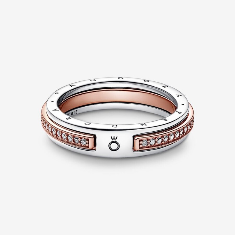 Sterling silver and 14k Rose gold-plated unique metal blend Pandora Pandora Signature Two-tone Logo & Pavé Ring Statement Rings | 680-SWYZMU