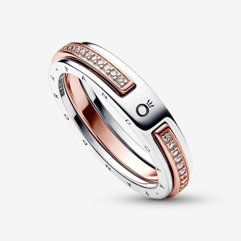 Sterling silver and 14k Rose gold-plated unique metal blend Pandora Pandora Signature Two-tone Logo & Pavé Ring Statement Rings | 680-SWYZMU